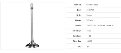 WAX 887 E01 0349 Subap Emme Volvo Td70/Td71 Turbo Tek Tırnak 43kx11sx148,6bx30a (6adet) 
