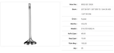 WAX 9502 E01 3926 Subap Emme Volvo D16 (Td1630) 49kx10sx193bx25a (12adet) 