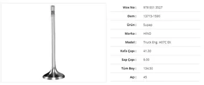 WAX 978 E01 3527 Subap Egzoz Hıno Truck Eng. H07c 41,3kx9sx134,5bx45a (6adet) 