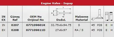 GÜNEŞ 0207-0208 Subap Takımı (In 16 / Ex 16) A8 S8 3,7 V8 32v 
