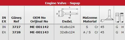GÜNEŞ 3727-3728 Subap Emme/Egzoz Takım (8v) Mıtsubıshı 4dr / 6dr5 Canter Tek Teker 
