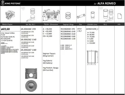 KING PISTON 18-2092260 Motor Pıston+segman (Rıken) Corsa E Van (X15) Corsa E (X15) Corsavan Mk Iıı (D) (S07) Corsavan Mkıv 