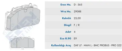 ITHAL HP D.565 M201 YAYLI On Fren Balata Otokar Otobus  (97-)  (Mavı Kutu) HPD565M201YAYLI