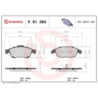 BREMBO P61083 Fren Balatası Peugeot Partner/5008/Cıtr.C4   Ön 1223635, 1411457380, 1606401480, 1607878380, 1607878580, 1607878780, 1607878980, 1611140880, 1611456980, 1611457380