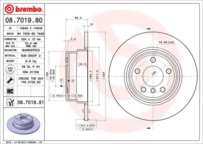 BREMBO 08.7019.81 Fren Diski E-53  Arka Tek 1164911, 1165859, 230782, 32211164911, 34110392525, 34111165859, 34116767059, 34211164911, 34216465458, 34216765458