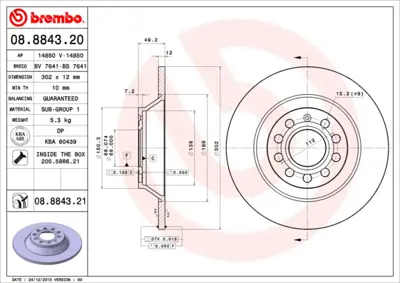 BREMBO 08.8843.21 Fren Dıskı Vw A6 Arka 04-   302x12 4F0615601E