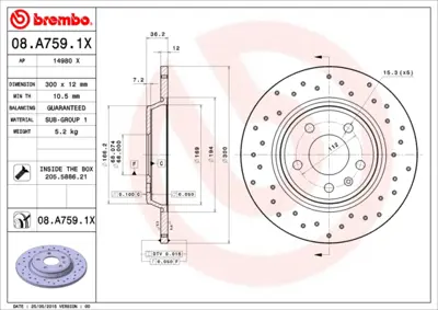 BREMBO 08.A759.1X Fren Diski Vw A4-A5-Q5 2008-> A6 2012>arka  300x12 Delikli Kaplamalı 18152047129, 80A615601, 80A615601B, 8A75910, 8K0098601E, 8K0098601F, 8K0615301A, 8K0615301B, 8K0615601B, 8K0615601J