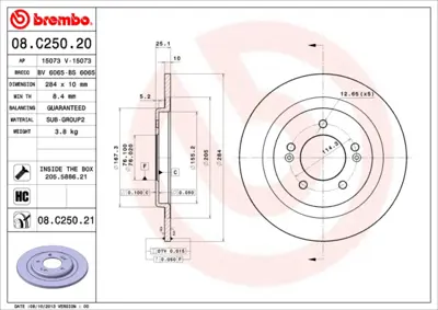 BREMBO 08.C250.21 Fren Diski İ40 1.6/1.7/2.0 11> Arka 584113Z100, 92239103