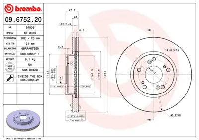 BREMBO 09.6752.20 Fren Diski Cıvıc Cr-V 2.0 01> Cıvıc 06> Fc5 16> Ön 45251S7AN10