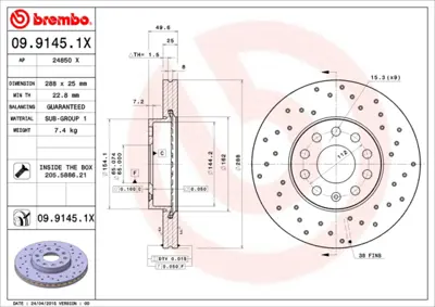 BREMBO 09.9145.1X Fren Diski Vw Caddyııı Ön,Golfv,Vı Ön 288x25 Delikli Kaplamalı 1K0615301T