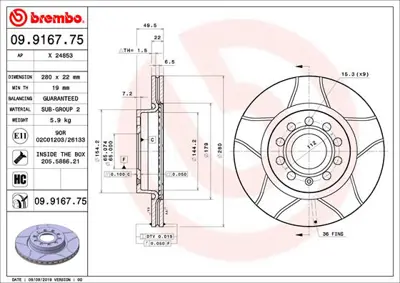 BREMBO 09.9167.75 Fren Diski Vw Caddyııı Ön,Golfv Ön 280x22 Oluklu Kaplamalı 16D615301, 180698151A, 1J0698151D, 1J0698151E, 1J0698151F, 1J0698151G, 1J069815F, 1K0615301, 1K0615301AC, 1K0615301AK