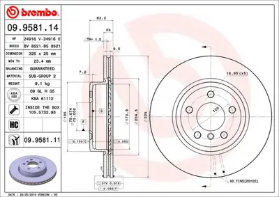 BREMBO 09.9581.11 Fren Diski E-83 Ön Tek 150343120, 1607880680, 1611842180, 1618865380, 2157573, 2357229, 3080201, 3400151, 3404362, 34111163387