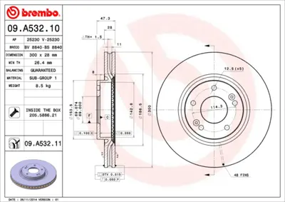 BREMBO 09.A532.10 Fren Diski İx35 10>i30 Ceed 16/17inç 12-17 Ç:30 Ön 1325772080, 14210910, 2E0698151, 2E0698151B, 2E0698151E, 34116792221, 34207820, 34207910, 4216110, 44206720