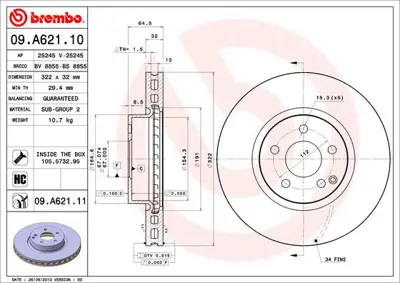BREMBO 09.A621.11 Fren Diski  204/212 Ön  C 320/350 - E 250 1695401617, 2044210812, 2115401717, 2205400617, 2205400717, 4211212, 421121207, 54201020, 54201320, 54201620