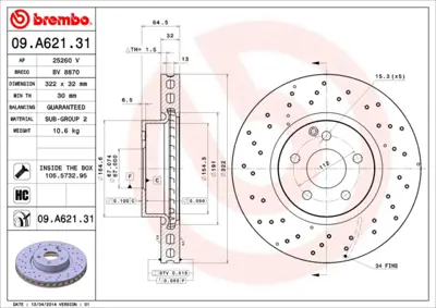 BREMBO 09.A621.31 Fren Diski  204/212/207 Ön  Amg 2044211012, 204421101239, 2044213012, 4211112, 421111207, 4213012, 421301207, 44213012, 54201020, 54201320