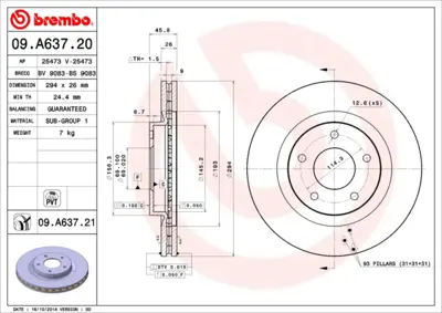 BREMBO 09.A637.21 Fren Diski Compass Patriot 2.0 2.4 Asx 1.6 1.8 10>ön 12163067, 15105514AA, 1607500580, 1610623080, 230593, 230843, 2AMV5514AA, 4615A075, 4615A117, 4615A159