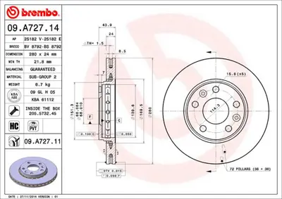 BREMBO 09.A727.11 Fren Diski Renault Fluence/Megane Iıı 1.5 D Ön 402060010R, 402060010Rkit, 402060010RSK, 4020600Q0L, 4020600Q0Lkit, 4020600Q1B, 4020600Q1Bkit, 4020600Q2D, 4020600Q2M, 402061715R