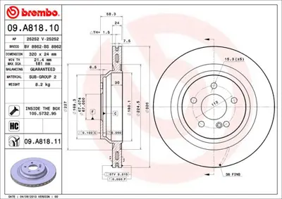 BREMBO 09.A818.11 Fren Diski  221 Arka 500/600 2214230412, 2214231012, 221423101207, 221423101217, 92160705, A2214230412, A2214231012, A221423101207, A221423101217, B45G26251A