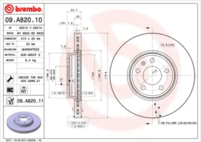 BREMBO 09.A820.11 Fren Diski Vw A4-A5  08- Ön  314x25 1815204799, 4351230090, 4E0615301AD, 4F0615301D, 4F0615311D, 4FD615301, 8K0098301, 8K0098301F, 8K0615301, 8K0615301T