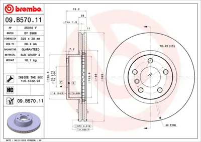 BREMBO 09.B570.11 Fren Diski F-25/26 Ön Tek 34106787490, 34106879122, 6787490, 6879122, 92257105