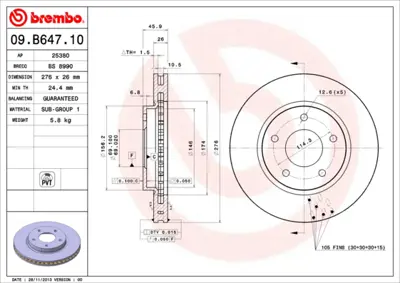 BREMBO 09.B647.11 Fren Diski Lancer 1.5/1.6/1.8 08> Ön 230505, 4614A190, 4615A054, 4615A069, 4615A089, 4615A115, 4615A190, 5105513, 5105513AA, 92197403