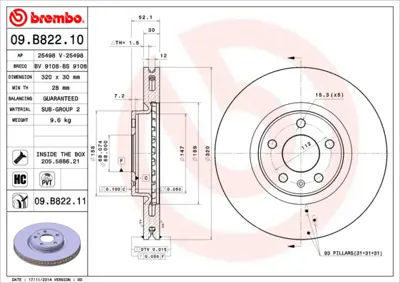 BREMBO 09.B822.11 Fren Diski Vw A4 A5 2008> A6 2.0 T 2011> Ön 320x28 3Q0615601, 4G0615301, 4G0615301G, 4GD615301, 8K0098301B, 8K0098301H, 8K0615301A, 8R0615301, 8R0615301B, 8R0615301C