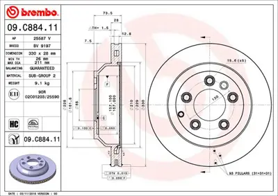 BREMBO 09.C884.11 Fren Diski Vw Touareg/ Q7 Arka   330x28 7L0615601D, 7L6615601C, 7L6615601D, 7L6615601J, 7L8615301C, 7L8615601C, 7L8615601D, 7L8615601G, 7L8615601J, 7L8615601N