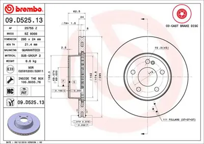 BREMBO 09.D525.13 Fren Diski 205 Ön A0004212412