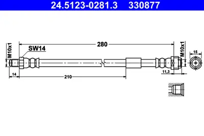ATE 24.5123-0281.3 Fren Hortumu Arka Bütün Mod 1 Ucu Dişi 280 Mm A2104280035