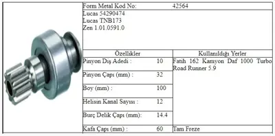 ITHAL FORM-42564 Fm.42564 Fatıh 162-22 25 Marş Dişlisi 54290474TNB173