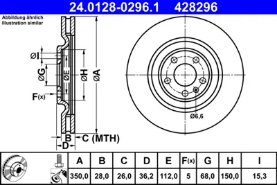 ATE 24.0128-0296.1 Fren Dıskı Arka A6 A7 Q8 19 > Touareg Q8 Quattro 18> Q7 16> 