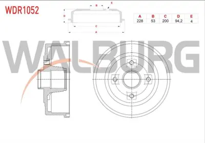 WALBURG WDR1052 Fren Kampanası Arka 4 Delık 228x53x200x94.2 Opel Corsa C 1.0i 12v - 1.2 16v - 1.3 Cdtı - 1.4i - 1.7 