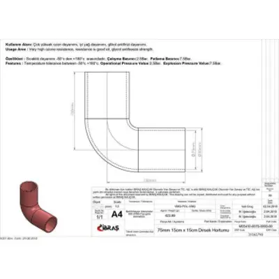 IBRAS 65798 4 Kat Polyesterlı Sılıkon Q 75mm 15cm X 15cm Dırsek Hortumu 