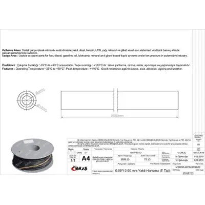 IBRAS 68733 Icten Orgulu Yakıt Hortumu 65653 6,0 Mm X 12,0 Mm Nbr - Cr E Tıpı Makaralı (25m) 25 Mt 
