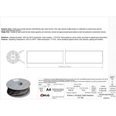 IBRAS 68745 Icten Orgulu Yakıt Hortumu 65655 8,0 Mm X 14,0 Mm Nbr - Cr E Tıpı Makaralı (25m) 