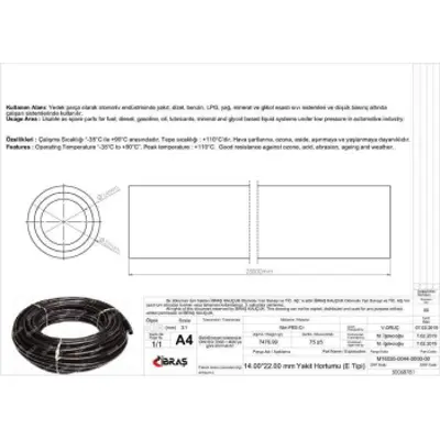IBRAS 68781 Icten Orgulu Yakıt Hortumu 65659 14,0 Mm X 22,0 Mm Nbr - Cr E Tıpı Makarasız (25m) 25 Mt 