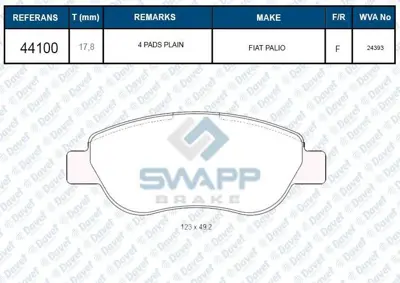 SWAPP 44100 Fren Balatası On Palıo 1.2 98-04 Wva 24072 13237752 13237765 13237766 13237767 13237768 13300867 13301207 13301234 133192294 13319293