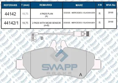 SWAPP 44142 Fren Balatası Arka Fıslı Wva 29190 Crafter 2.5tdı 2.5tdı 04-06 Volt Sprınter Ym 1356392 1371402 1371403 1371454 1379971 1426143 1426144 1433952 1433954 1433958