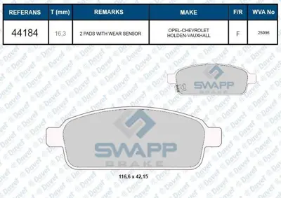 SWAPP 44184 Fren Balatası Arka Astra J Cruze Mokka Wva 25096 101720449 1300867 13237752 13237765 13237766 13237767 13237768 13300867 13300868 13301207