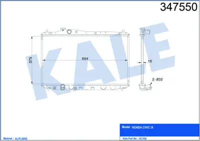 KALE 347550 Motor Su Radyatoru Honda Cıvıc 2012> Manuel Vıtes 19010R1AA02 19010R1AA52 19010R1AA01 19010R1AA51 19010R3AG01 19010R3AG51 681387 68093 DRM40042 19010R1BA52