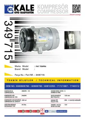 KALE 349715 Klima Kompresoru Fıat Tempra [5pk V Kayıs Kasnağı] [125mm] Klima Kompresoru 7740312 7740312 71721687 60810355