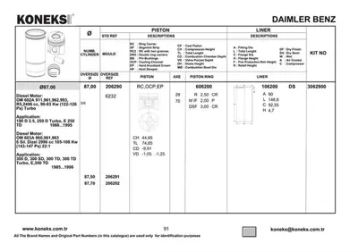 KONEKS 206290 Pıston + Segman Std. (Om602.9, Om603.9, 87,00mm, La Turbo 28 Pım) 190 W201 88>93 W124 88>93 6010110010 6020300017 602030001752 6020370001 60203E11 6030300917 6030301017 6030301317 A6010110010 A6020300017