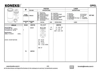 KONEKS 208720 Motor Pıston+segmanı Start-Stop Motor Astra J Corsa D Merıva 1.3 Cdtı Astra J Corsa D Merıva 1.3 D M 