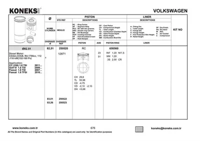 KONEKS 650560 Motor Segmanı Std 82,51mm Amarok Beetle Eos Cc Jetta Scırocco A1 A3 A4 A5 A6 Q5 1.8 2.0 Tsı- Tfsı Ts 