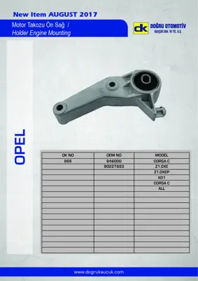 DK 0865 Motor Takozu Braketi Arka Corsa C Combo C Tigra B Tum Modeller 846000 9227883