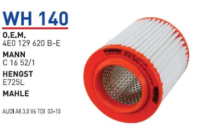 WUNDER WH140 Hava Filitresi A8 D3 (4e2, 4e8) | A8 - S8 | A8l 4E0129620B 4E0129620E 4E0129620C