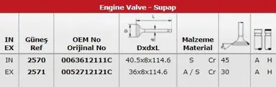 GÜNEŞ 2570-2571-050 Subap Takımı Kıa Ceres 050 (8 Subap) (In 4 / Ex 4) 63612111C