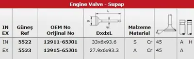 GÜNEŞ 5522-5523 Subap Takımı Grand Vıtara 2,0 2006-2012 Jb420 Motor (16 Subap) 1291165J01 1291165J00