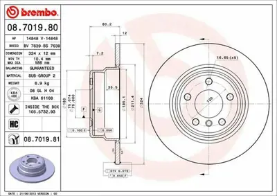 BREMBO 08.7019.81 Fren Diski E-53  Arka Tek 1164911, 1165859, 230782, 32211164911, 34110392525, 34111165859, 34116767059, 34211164911, 34216465458, 34216765458