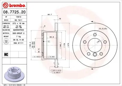 BREMBO 08.7725.20 Fren Dıskı Arka Sprınter 96> Lt28 Lt46 Lt35 96> G-Class W461 09> W463 11> 2D0615601D, A9024230612